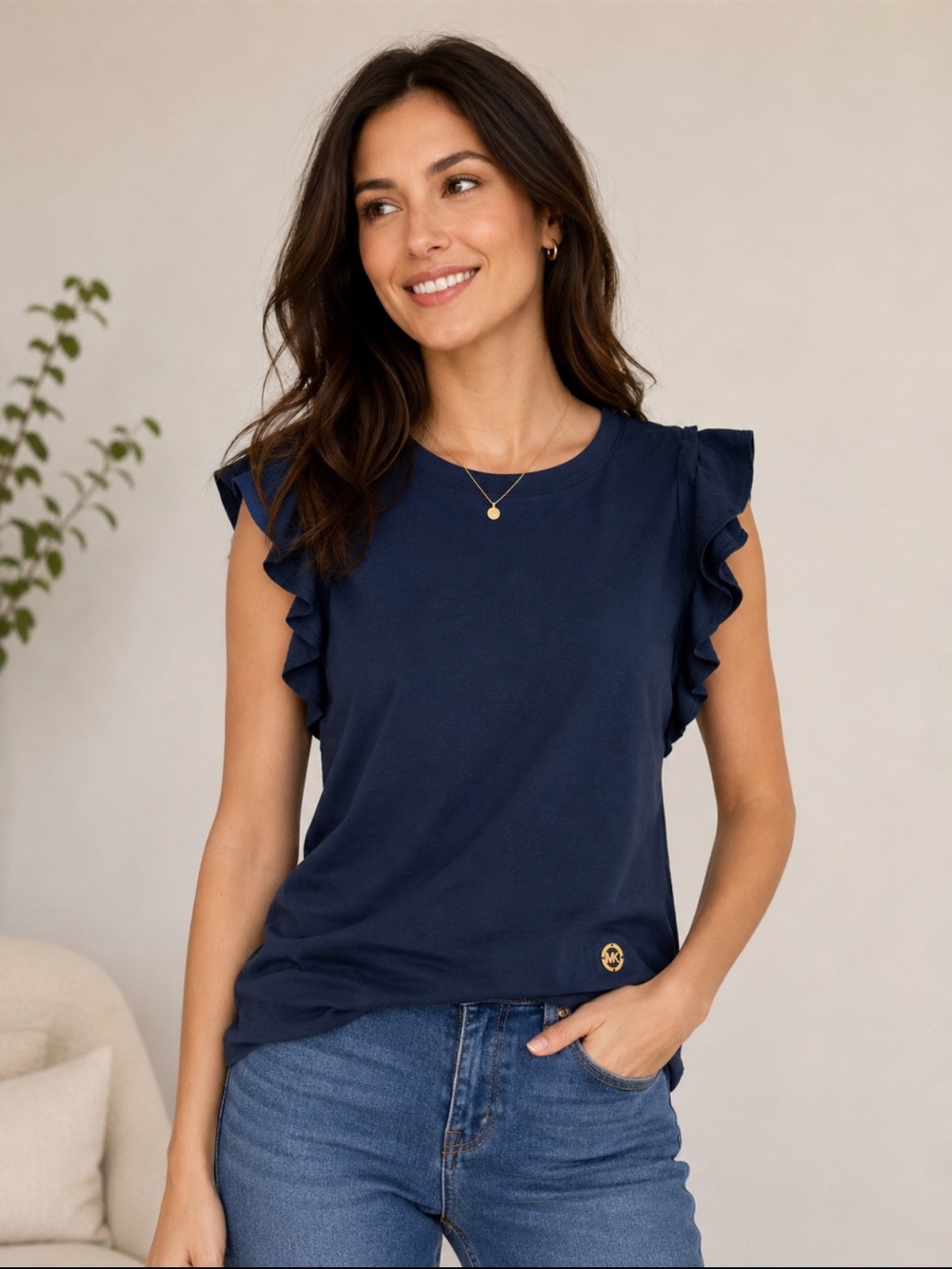 Michael Michael Kors Navy Flutter Sleeve Top Gold Logo Tee Size Medium‎